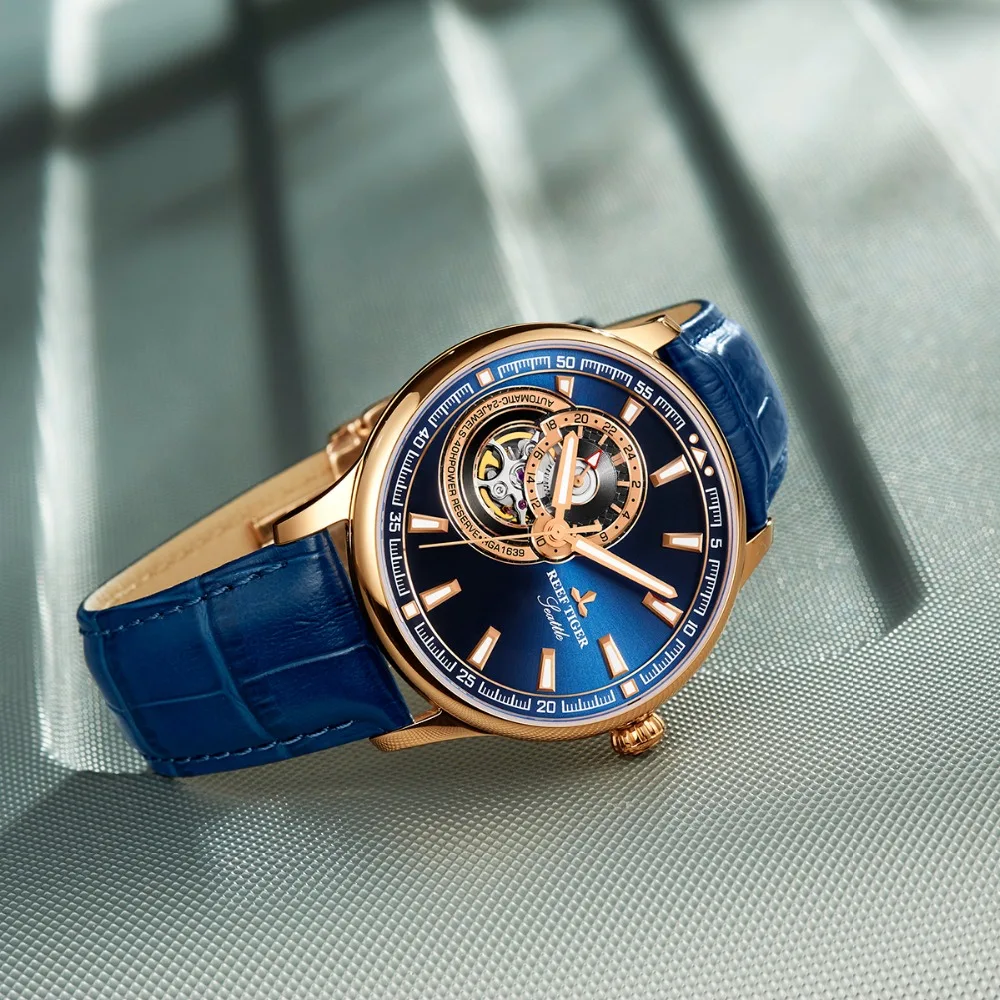 

Reef Tiger/RT Dress Tourbillon Men Automatic Watch Mechanical Blue Dial Analog Rose Gold Tone Leather Strap Clock RGA1639