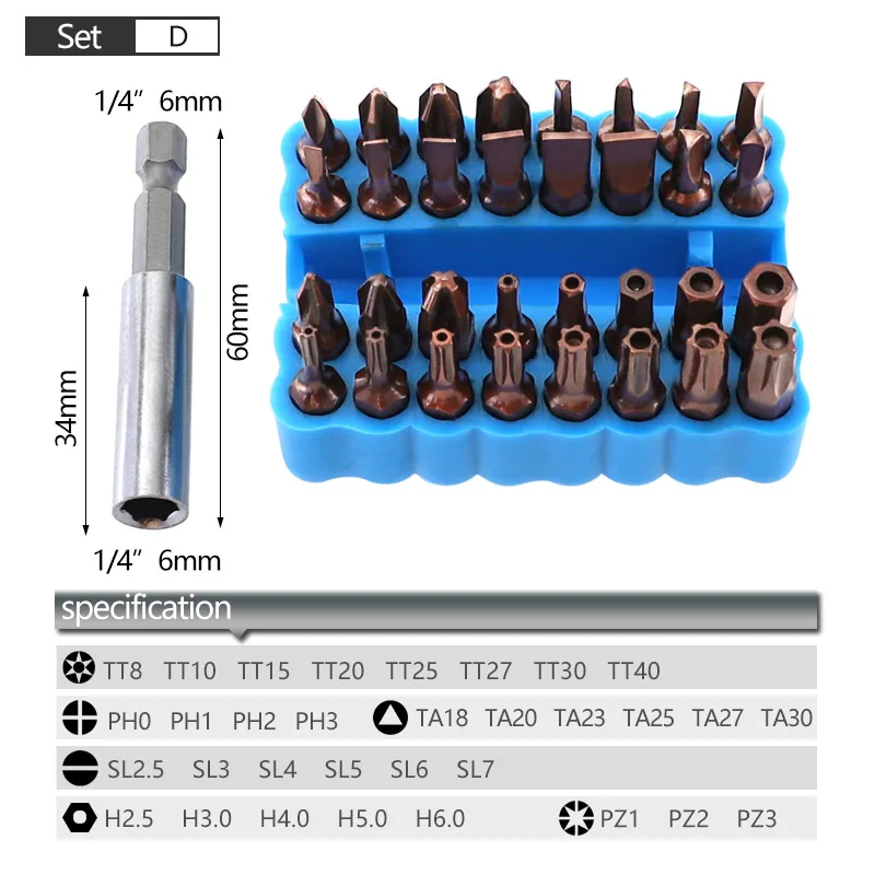 33 шт. Набор отверток S2 сталь 25 мм Набор отверток Torx Phillips шестигранные наконечники отвертки с 1/4 магнитным держателем для бит
