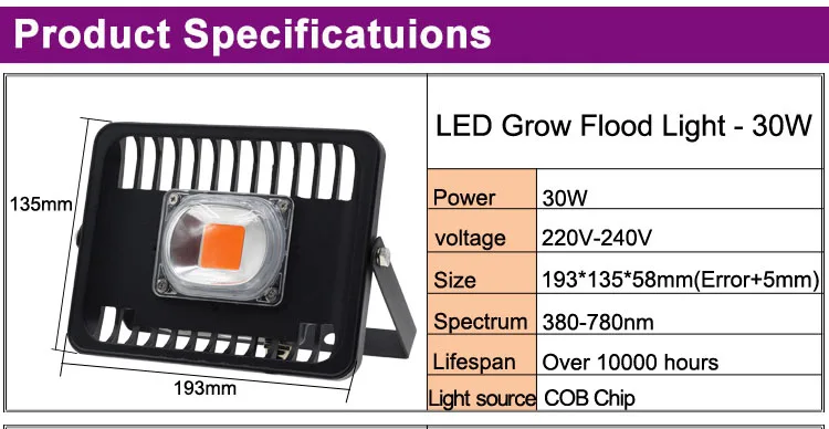 Полный спектр светодио дный растут прожектор IP65 Водонепроницаемый высокое Мощность 30 Вт 50 Вт 100 Вт 220 В для растений с разъемом ЕС роста
