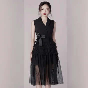 

2019 Dress Sexy Celebrity Turn-Down Collar Mesh Women Bow Fashion Sleeveless Night Club Bandage Body con Party Dresses Wholesale