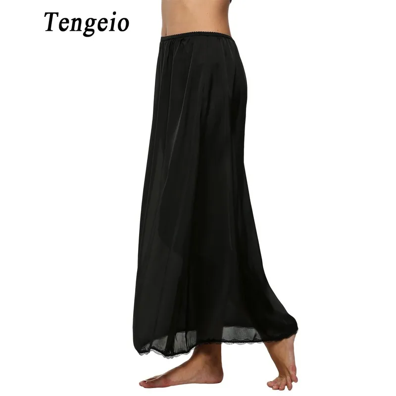 Tengeio Women Petticoat Underskirts Satin Trim Maxi Lace Long Black Half Slip Underskirt Skirt Slips Jupon Dentelle Femme 610