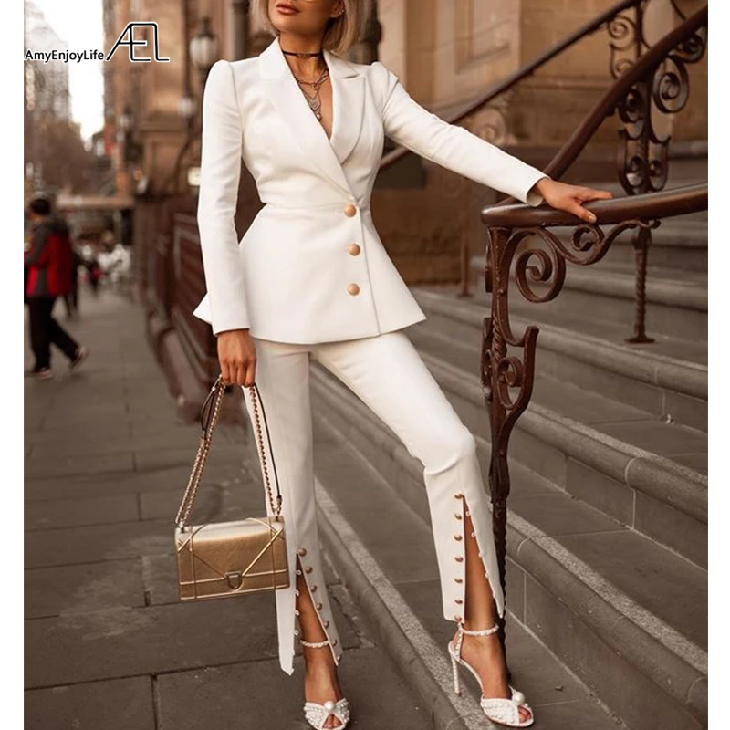 

AEL Woman 2 Pieces Set White Color Skinny Pant Suit Office Lady Uniform Designs for Women Business Suits Work Wear 2019 New