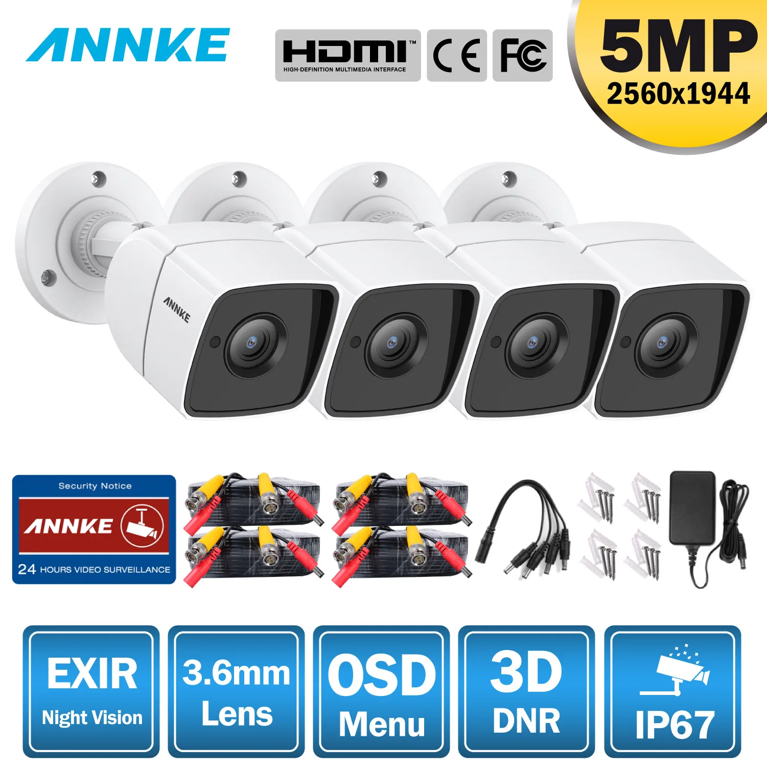 

ANNKE 4pcs 5MP CCTV Cameras IP67 Waterproof Video Surveillance Outdoor Bullet Camera IR Cut Filter Camera Kit