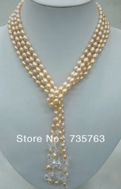 

HOT 00917 lariat necklace 2 strands pink pearls oval beads clear quartz mixed 54