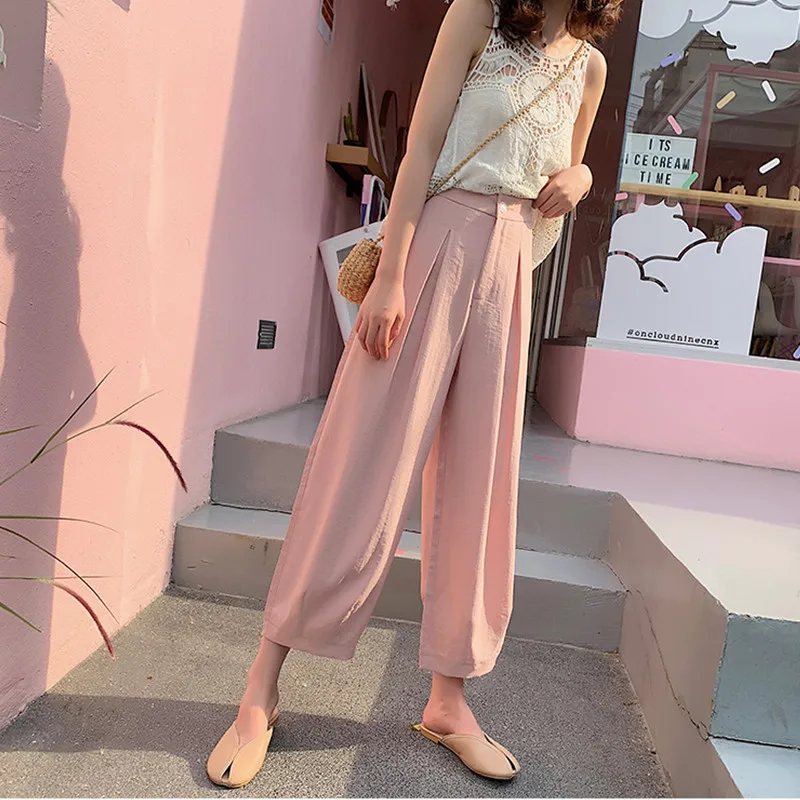 

JUJULAND woman loose plus size pants summer chiffon solid cool pants ninth cotton linen harem pants 908