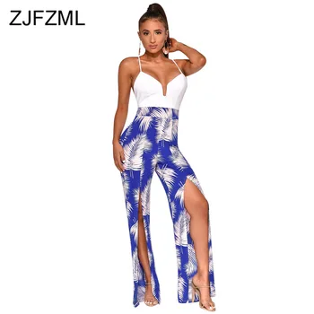 

Spaghetti Strap Romper Women Jumpsuit Summer High Split Cross Backless Wide Leg Bodysuit Spaghetti Strap Sleeveless Boho Overall