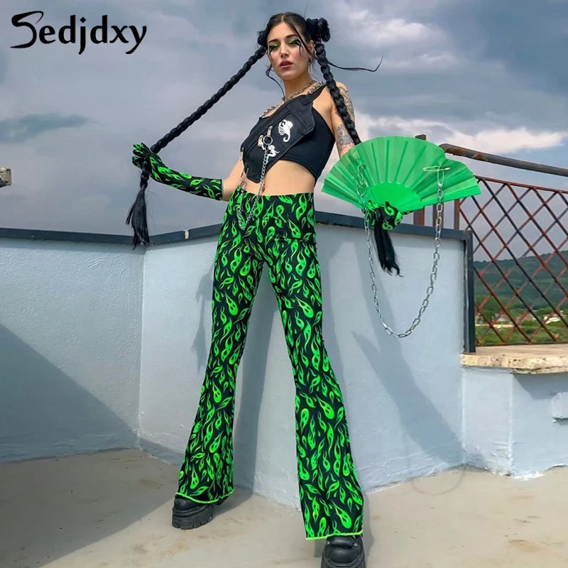 

2019 New Boho Flare Pants Women Striped Printed High Elastic Waist Soft Stretch Ethnic Style Bell Bottom Hippie Pants
