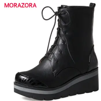 

MORAZORA 2018 new autumn winter lace up ankle boots for women fashion wedges platform boots warm short plush high heel boots