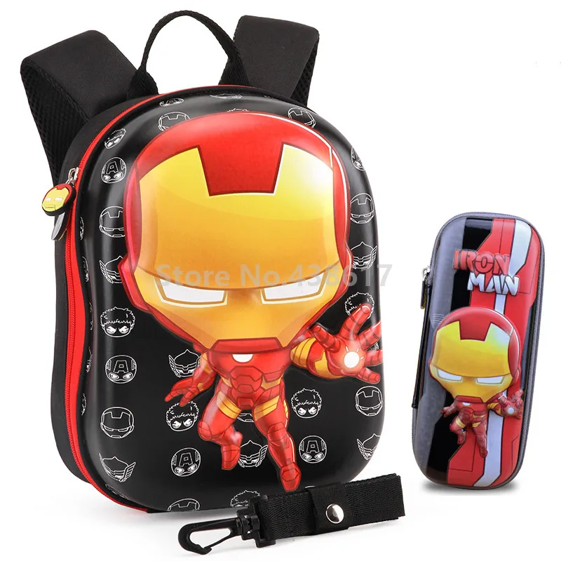 

3D Black Iron Man Anti-lost Eggshell Hard Shell Backpack Bag With Pencil Case Set for Boys Kindergarten Preschool School Bags