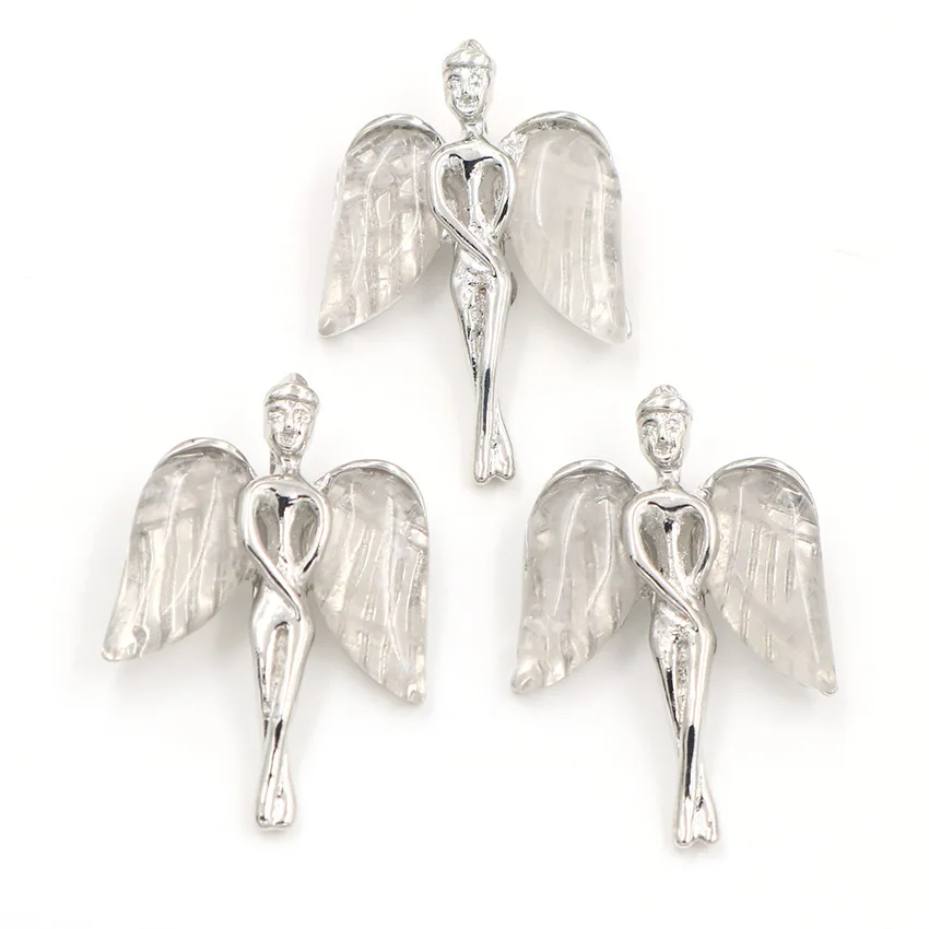 YJXP Classic Silver Plated Lovely Angel Natural Rock Crystal Clear Quartzs Wings Pendant For Anniversary Charms Jewelry