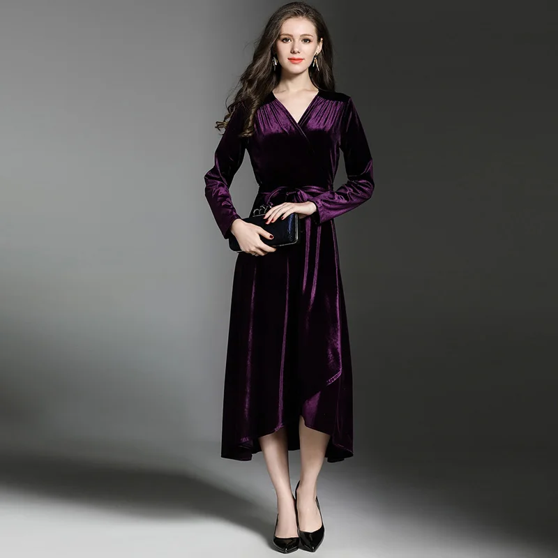 Зимнее вельветовое платье с большим маятником фиолетового цвета, женское платье, женские платья с длинным рукавом в виде листьев лотоса, Kleider Damen K323870