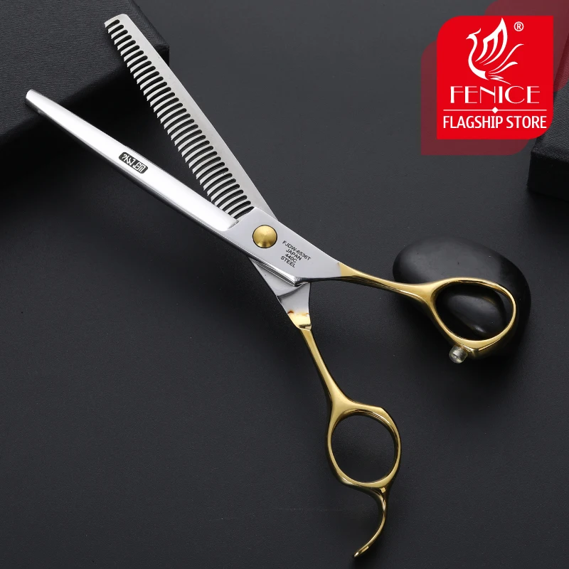 Fenice 6.5 inch Dog Hair Grooming Scissors Professional Pets Thinning Cutting Shear with Black/Gold Handle Japan 440C