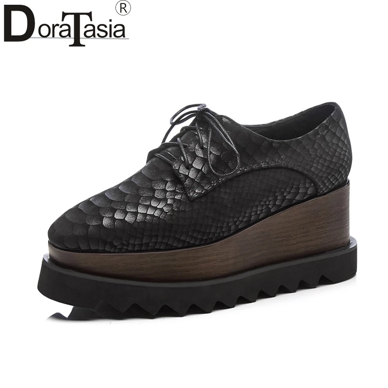 

DoraTasia 2019 Brand genuine leather fashion large size 34-42 women shoes Woman wedge high heels lace up black pumps woman