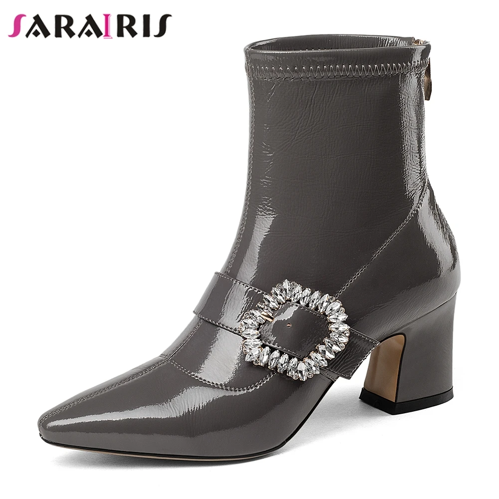 

SARAIRIS Brand Patent Genuine Leather Crystal Ankle Booties Women Autumn Winter Black High Heels Shoes Woman 6 Cm Size 33-43