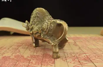 

CHINA OLD BRASS HANDWORK CARVING BULLFIGHT COW WEAR DRAGON STATUE PAIR