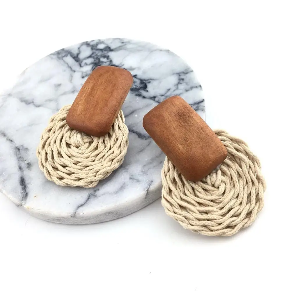 Fashion Multiple Korea Rattan Vine Braid Drop Earrings For Women Geometric Circle Square Handmade Wooden Straw Weave Earrings