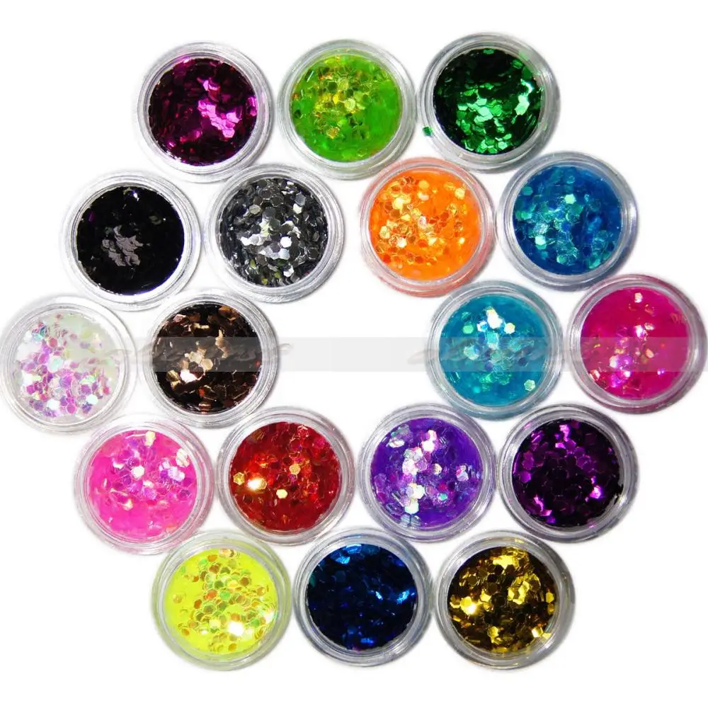 18 pcs Color Glitter Big Hexagonal Flakes Multi Chrome Nail Powder Glitter Sequins Nail Art Gel