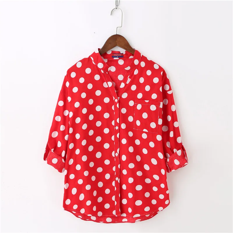 

Dioufond Cotton V-Neck Polka Dot Women Shirts Blouses Casual Long Sleeve Vintage Ladies Tops Loose Blusa Feminina Plus Size