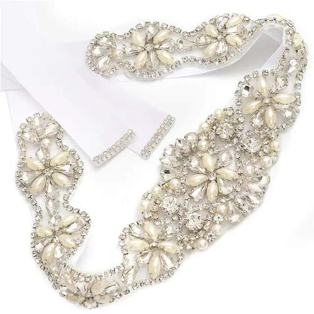 MissRDress Wedding Rhinestones Bridals Belt Pearls Crystal Bridal Belt Jeweled Bridal Sash For Wedding Dresses Pearl Belts JK806 Silver---white