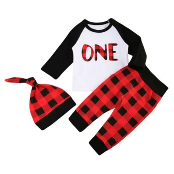 価格 春の新作秋少年 1st 誕生日服綿長袖レタープリント Tシャツ + 黒赤毛布パンツズボン 2 個セット