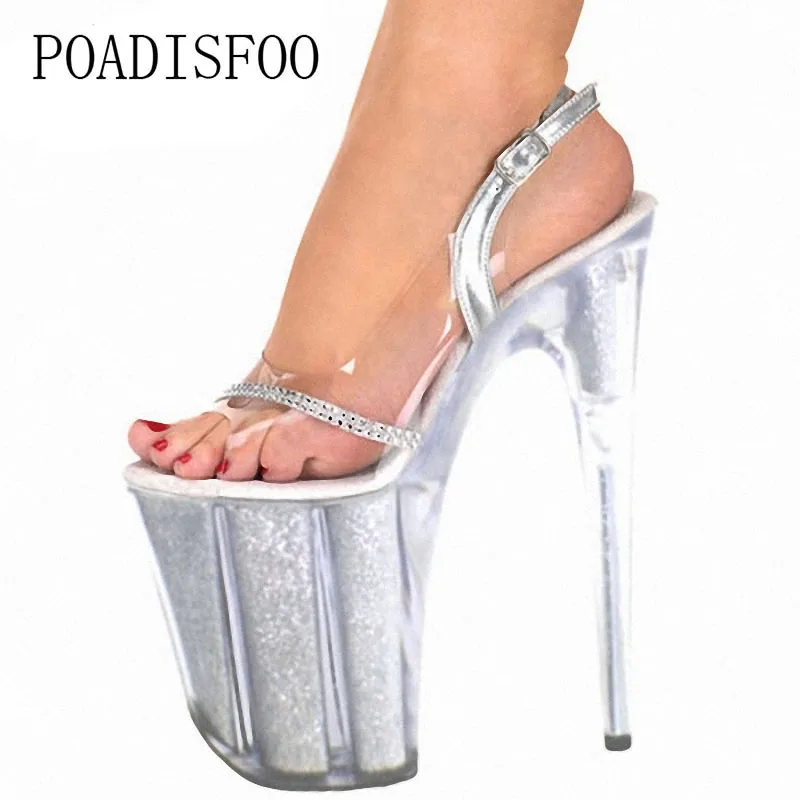 

POADISFOO 20cm super high heel rhinestone transparent thick bottom crystal shoes stiletto sexy fish toe high heels LYP-E-090