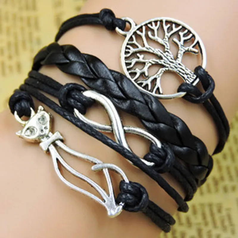 

Houbian Retro Combination Bracelet Fox Characters Tree of Life men weaving Bracelets Multilayer infinity Leather Bracelets