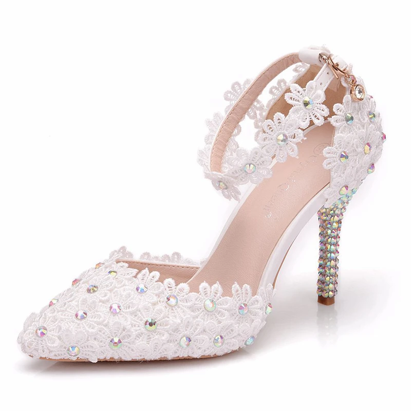 

White Lace Flower Party Shoes Pointed Toe Thin Heel Wedding Shoe Summer Sandal 9cm Heel Party Ankle Strap Shoes XY-B0264