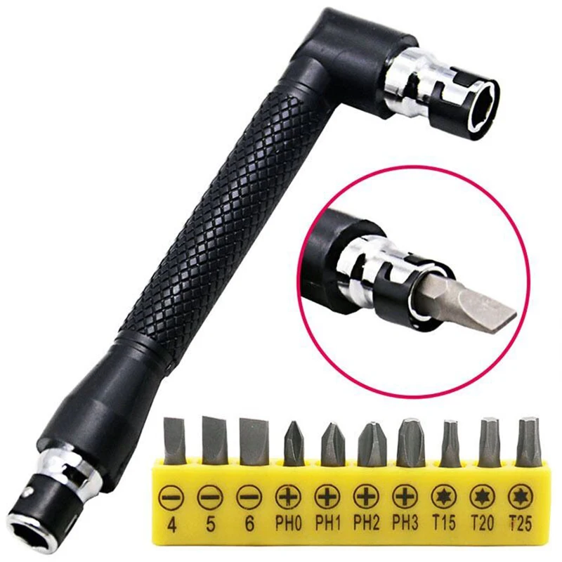 

1/4" L-shaped Dual Head Screwdriver Bits Key Utility Tool 90 Degree Hex Screwdriver 6.35mm Wrench For Routine+10pcs Drill Bits