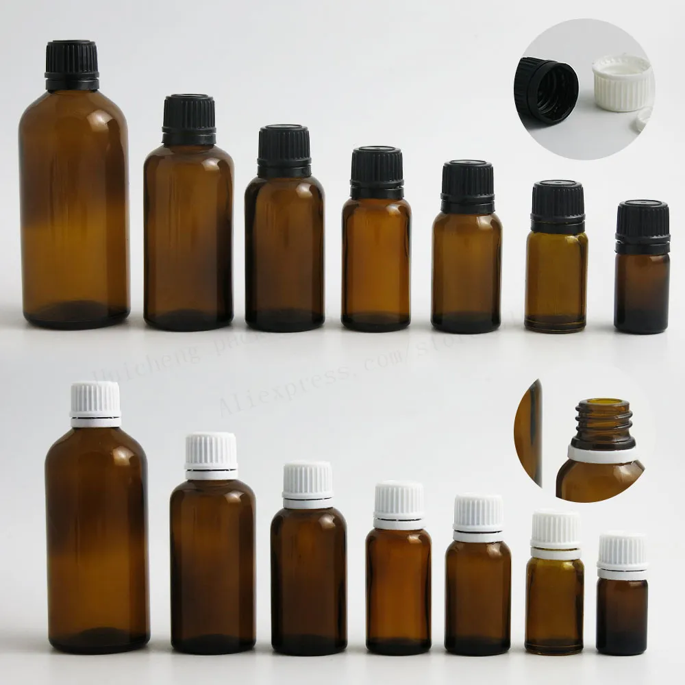 

12 x 100ML 50ML 30ML 20ML 10ML 5ML Travel Empty Small Amber Boston Round Glass Essential Bottle White Black Tamper Evident Cap