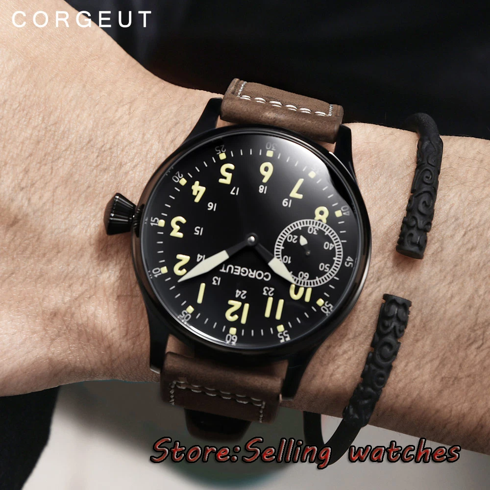 

44mm Corgeut Black Dial Stainless steel PVD Case 17 jewels 6497 Hand Winding Movement Men's Watch