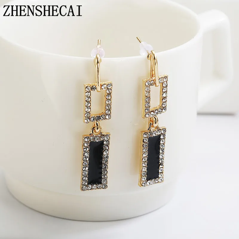 

Fashion Design black Color crystal Drop Earrings For Women Long shiny Earrings geometric ear jewelry Christmas gift