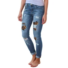 Высококачественные эластичные леопардовые рваные джинсы для женщин, длинные летние модные эластичные повседневные джинсы в европейском стиле