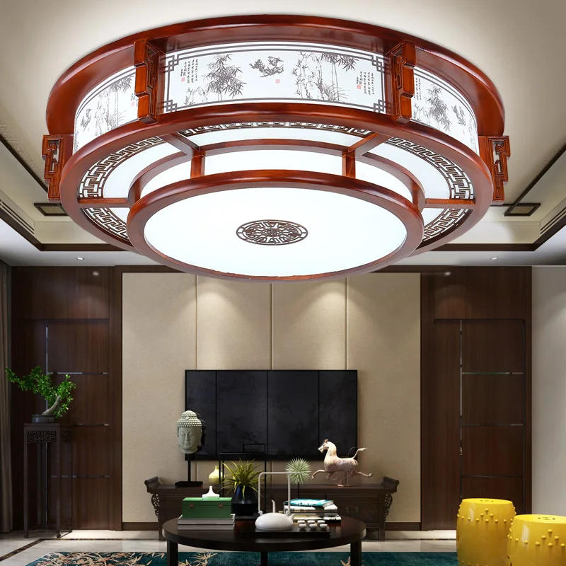 

Chinese antique solid wood led ceiling lamp living room dining room lamp retro round bedroom lamp hotel ceiling light wl424955