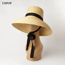 Uspol 2020 novo verão chapéus para mulheres natural trigo palha chapéus alta plana superior longo fita laço chapéus de sol aba larga praia chapéus