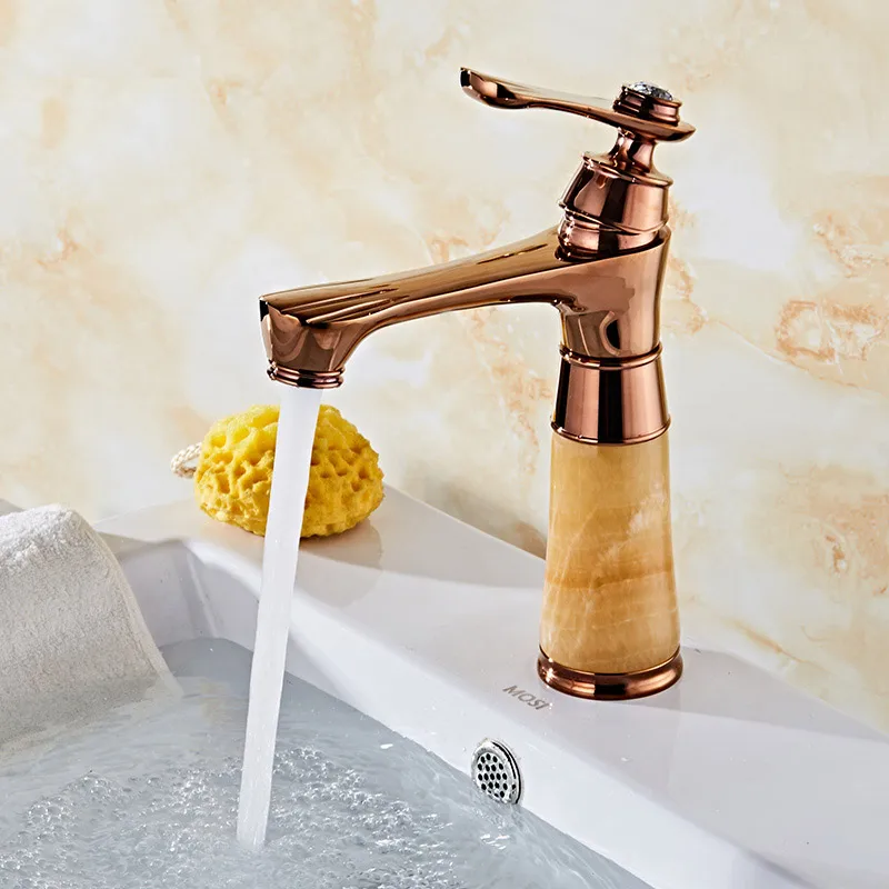 

European style all copper jade hot and cold faucet bathroom rose gold imitation basin faucet golden American faucet