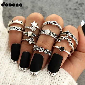 

Doocna Antique Silver Color Star Flower Crystal Ring Punk Ring Carved Knuckle Anillos Anel Rings For Women 11 Pcs/Set 4622