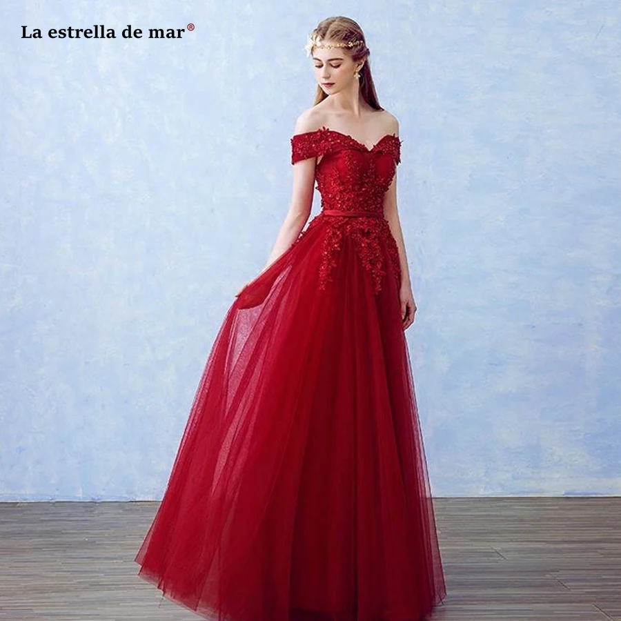

Wedding party Gown new tulle beaded off the Shoulder short sleeve A Line burgundy pink silver bridesmaid dresses long