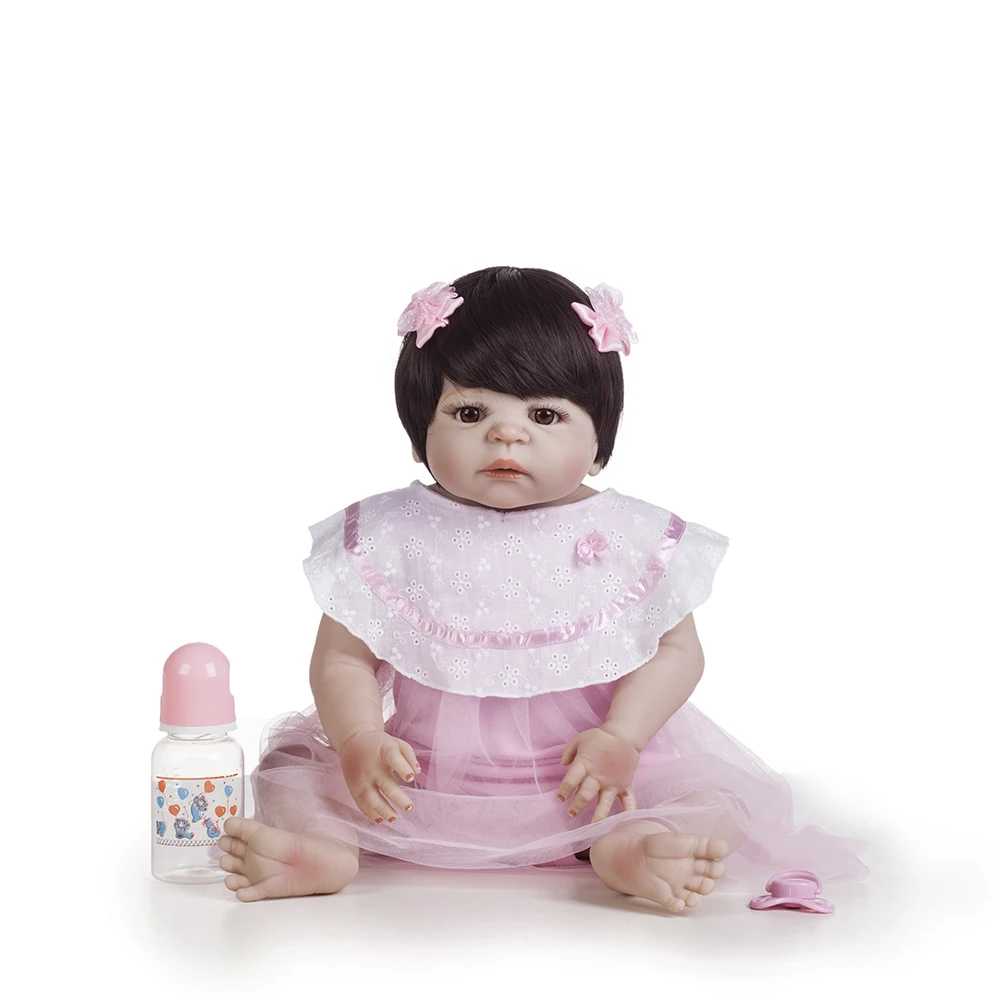 

55cm Full Body Silicone Reborn Baby Doll Soft Realistic Girl New Born Brown Hair Cute Child Toy Lifelike Birthday Gift