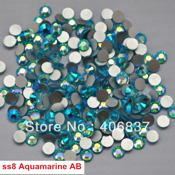 

Free Shipping! 1440pcs/Lot, ss8 (2.3-2.5mm) Aquamarine AB Flat Back Nail Art Glue On Non Hotfix Rhinestones