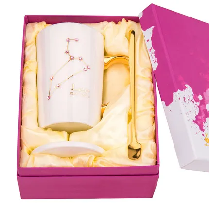 Творческий керамический кофе кружка молоко чашка чай чашка золото печать 12 созвездий с крышкой и ложкой ручка в подарок зодиака - Цвет: Leo White