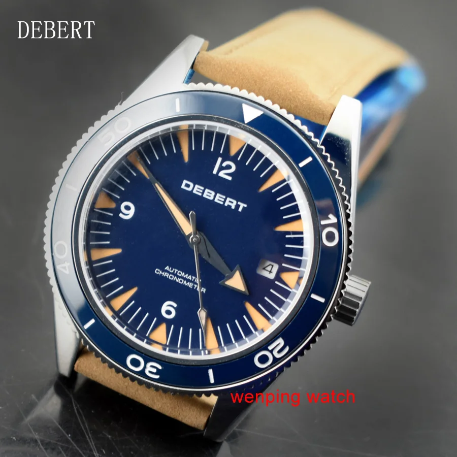 

Debert 41mm Blue Dial with white Triangular mark ceramic bezel One-way rotation brown strap Automatic Mechanical Mens wirstwatch