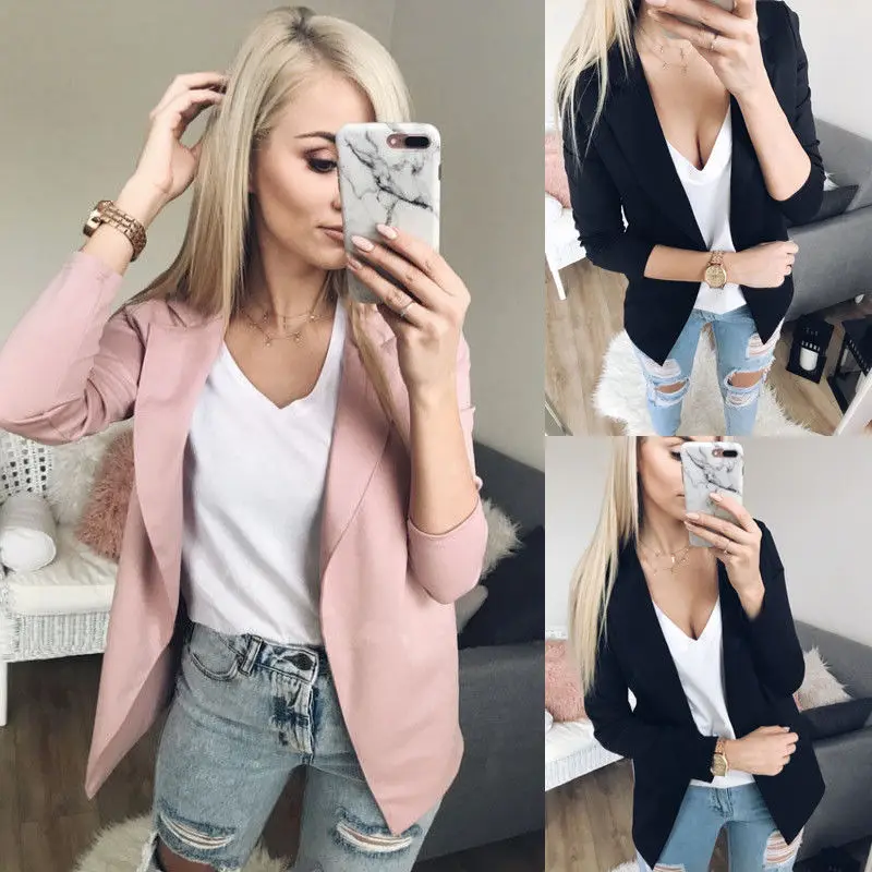 

2018 Autumn Slim Fit Women Cardigan Jacket Casual Blazer Open Front Notched Ladies Blazer Coat Hot Sale Fashion