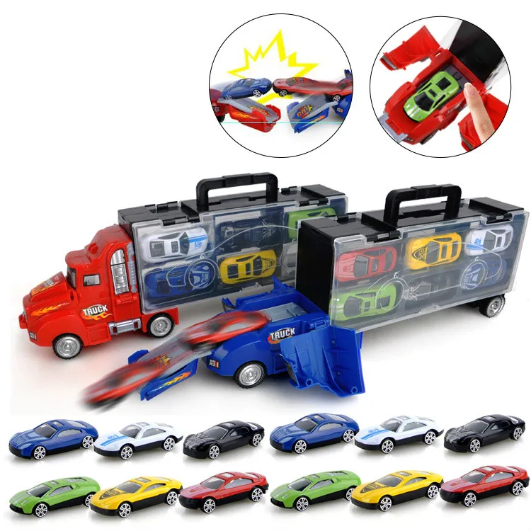 

Diecast Catapult Battle Container Truck Model Set Storage Box with 6pcs 12pcs Sliding Small Alloy Car Model Toys for Children