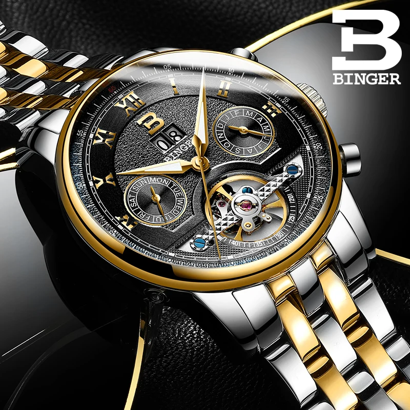 

BINGER Switzerland Mens Watches Top Brand Luxury Automatic Mechanical Watch Men Full Steel Business Waterproof Sport Watches