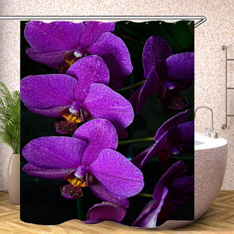

Shower Curtain Purple orchid flower Waterproof Polyester Shower Curtains Bathroom with 12 Hooks Rings Set Home Decor