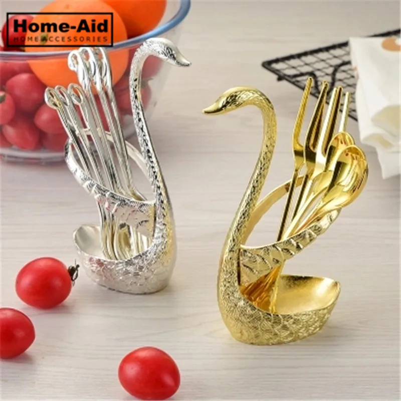 

Stainless Steel Elegant Swan Base Holder Fruit Forks Spoons Set Wedding Salad Dessert Coffee Cake Tools