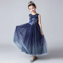 it's YiiYa Wedding Dress for Girl Kids Navy Blue Embroid Shiny Tulle Ball Gown Kid Party Communion Dress O-neck CK2974