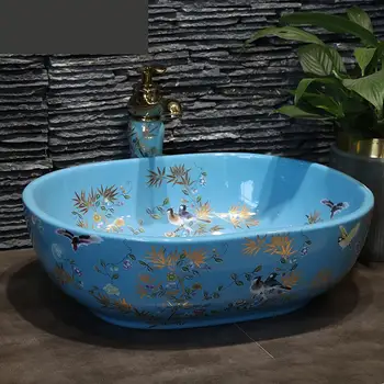 

Ceramic Table Basin Oval European Art Basin blue flower bird ceramic Washbasin bathroom sink