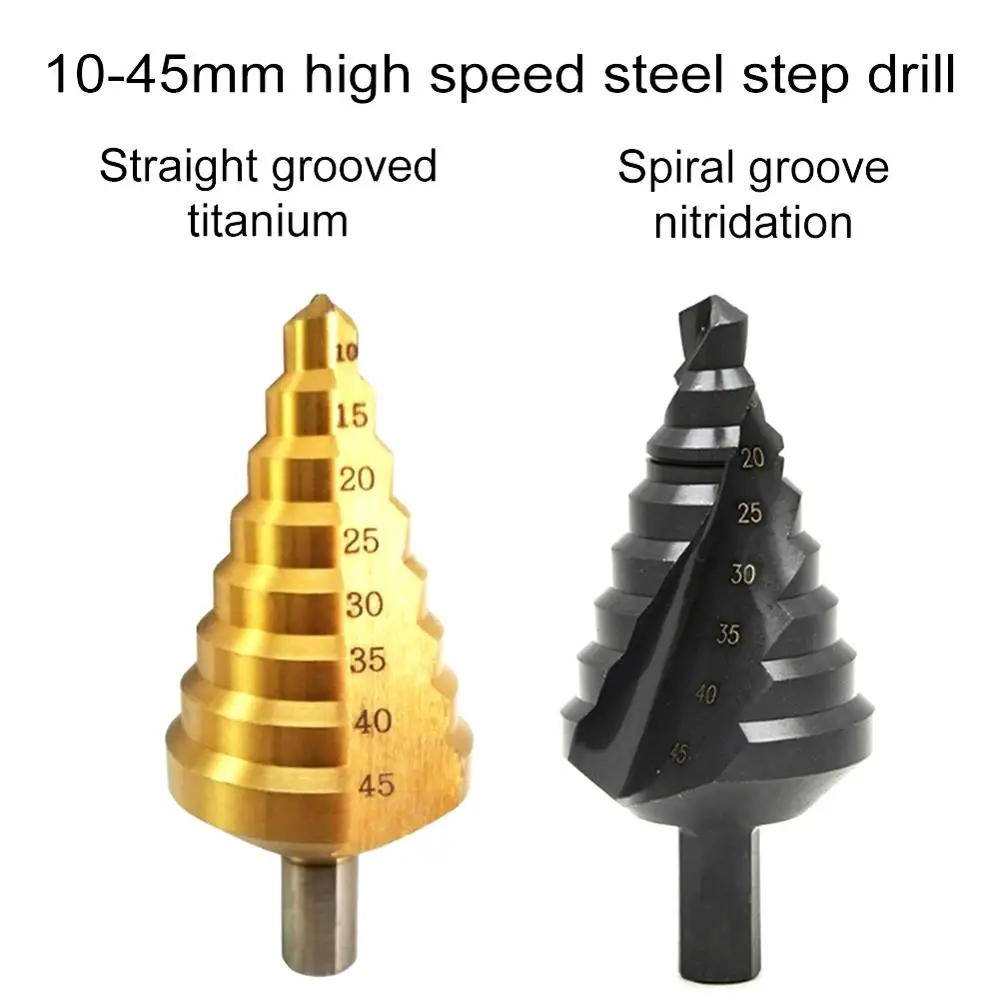 

Hss Multiple Hole 8 Sizes 10-45mm Titanium-Plated Nitriding Step Drill Bit 8 Steps Cone Drill Bit Hole Groove Metal Wood Cut