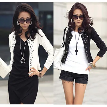 

Hot 2015 autumn new female euramerican style ladies round neck long sleeve set auger coat low price sale black white coats